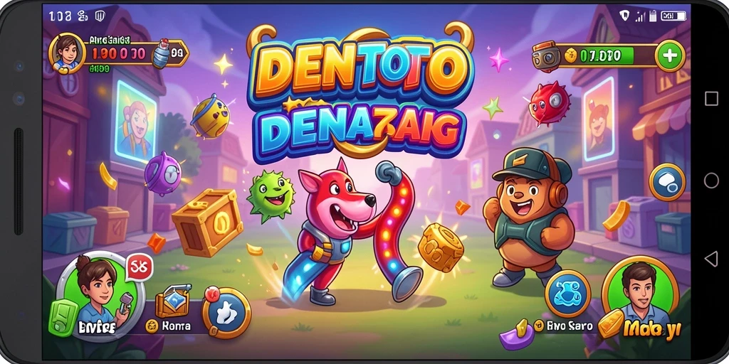 Antarmuka DENTOTO yang menampilkan karakter dan level seru.