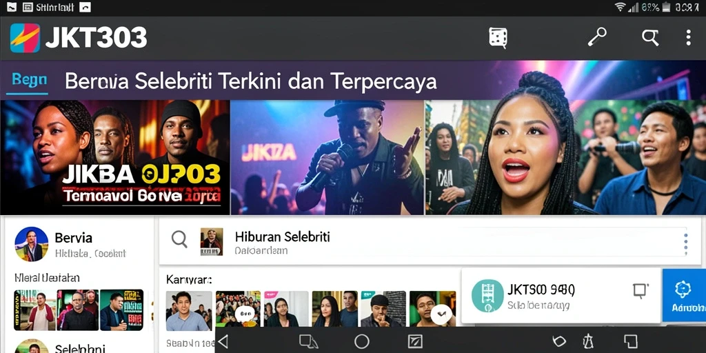 Antarmuka JKT303 menampilkan berita hiburan terkini dan selebriti.