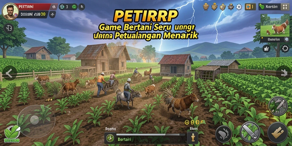 Tangkapan layar dari antarmuka gameplay <strong>PETIRRP</strong> yang menunjukkan fitur bertani.